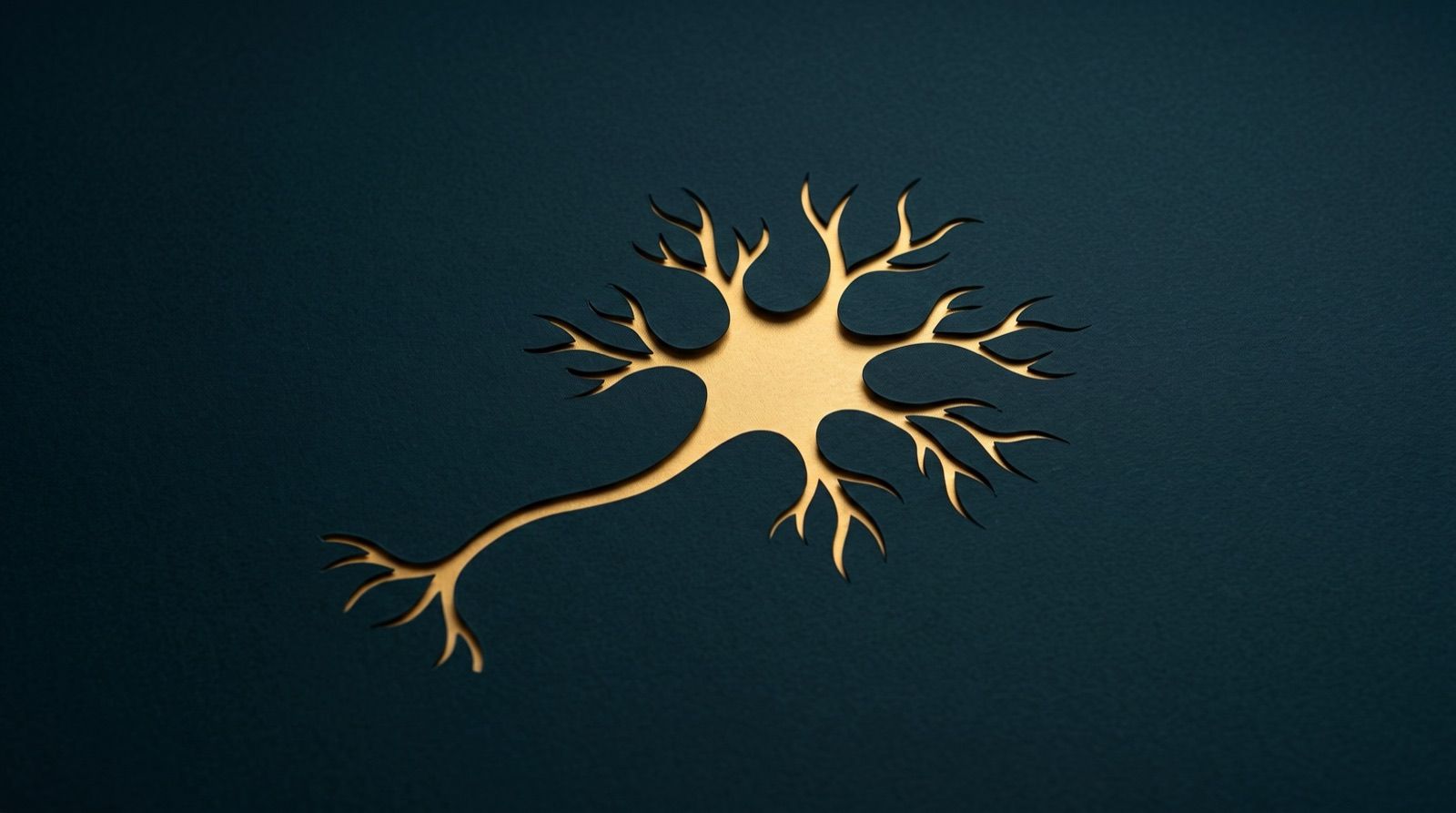 Neurona de papel dorado sobre fondo azul profundo, con el axón extendiéndose como un hilo de conversación.