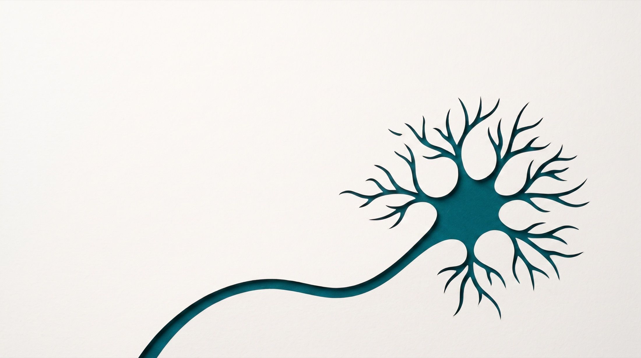 Neurona recortada en papel sobre fondo crema, con el interior en papel verde azulado.