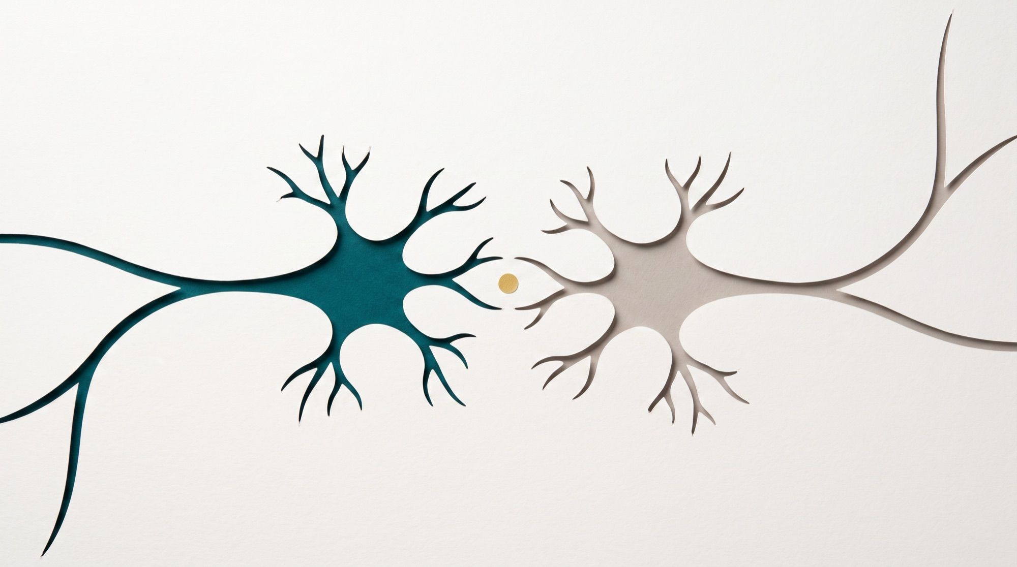 Dos neuronas de papel, una verde azulada y una neutra, conectadas por un punto de oro: la sinapsis entre la tecnología y las personas.