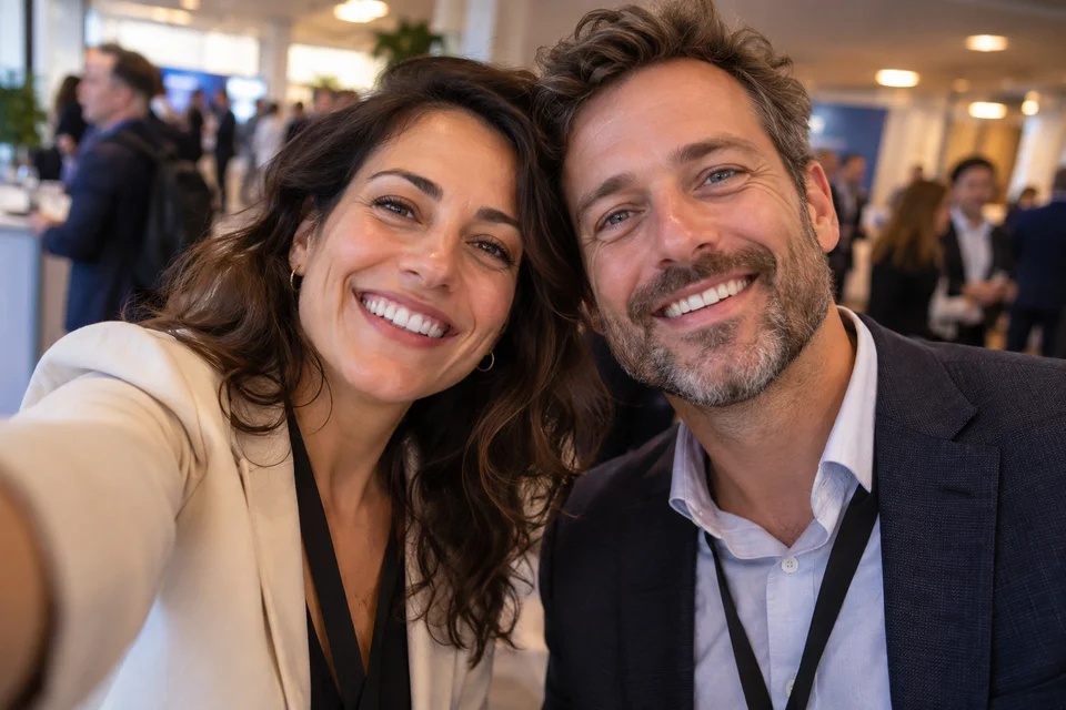 Selfie ilustrativa de dos asistentes en un congreso